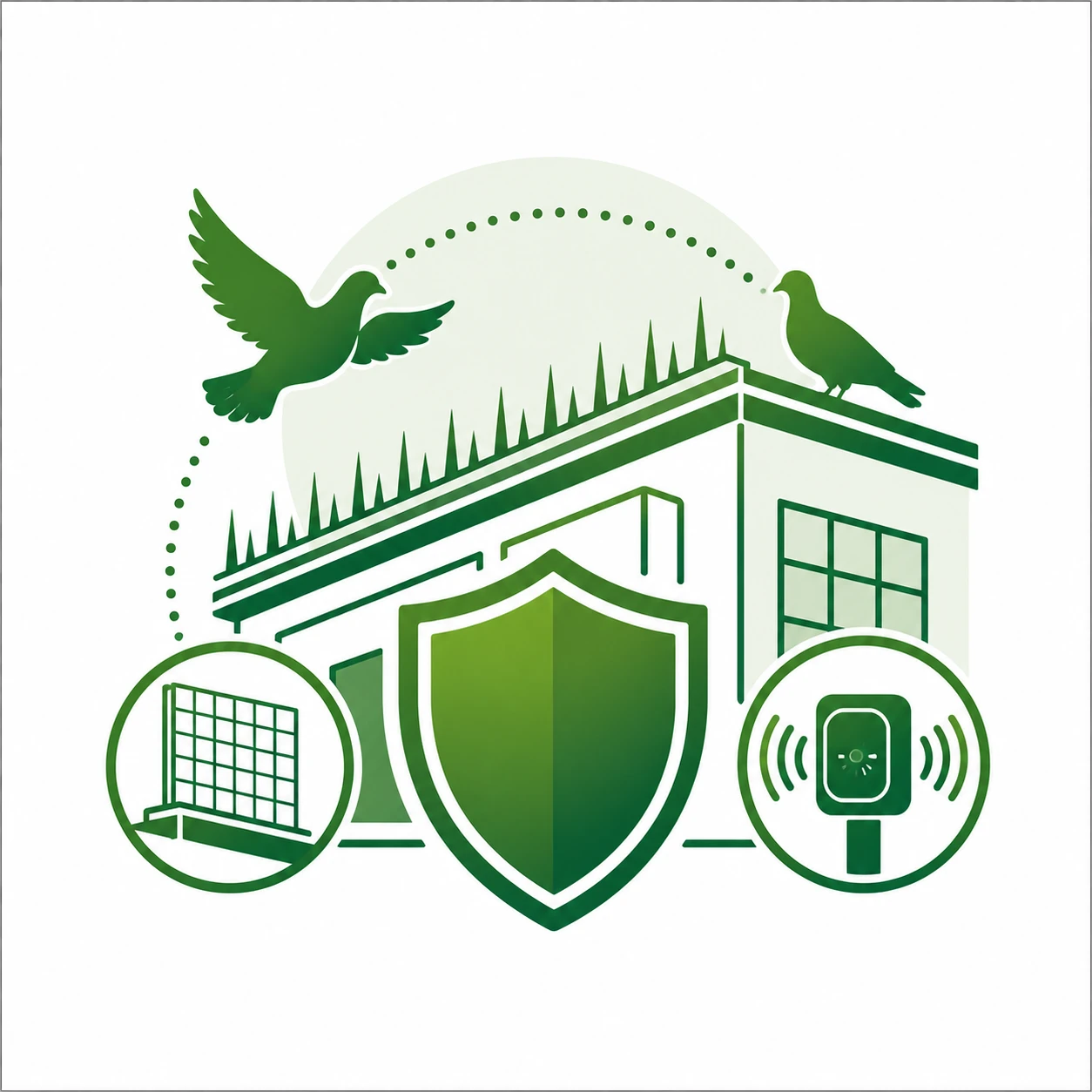 Diagrama técnico de una bodega con sistemas de exclusión y control de aves